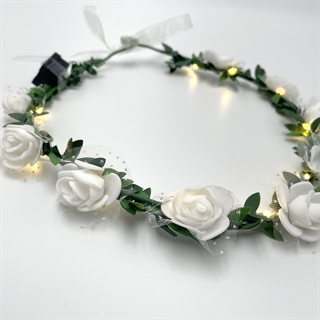 LED blomsterkrans hårbånd med hvide blomster og grønne blade